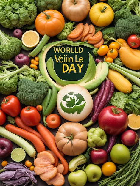 highangle shot of a wooden surface full of different raw vegetables and a chalkboard with the text