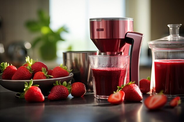 Highangle shots of strawberries and juicer on a kitchen countertop