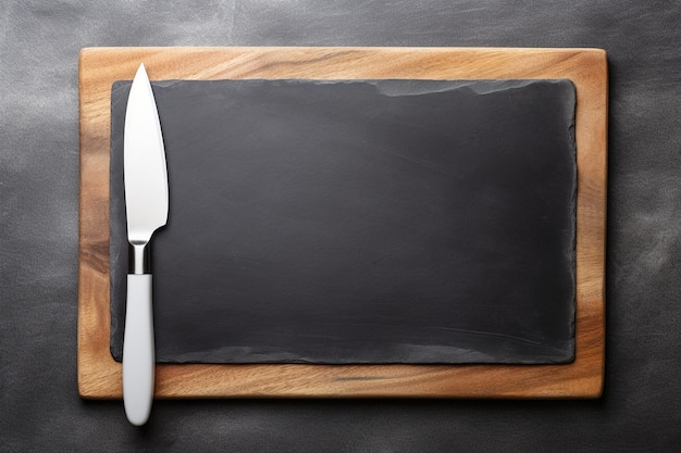 Photo highangle view of a blank chalkboard and silver knife generative by ai