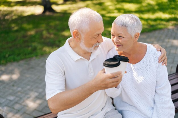highangle view of happy elderly couple enjoy conversation in park surrounded by nature while taking