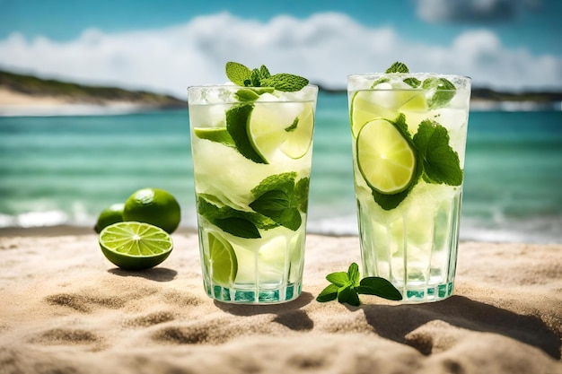 A highball glass filled with Mojito cocktail infused with lime and mint sitting on a beach