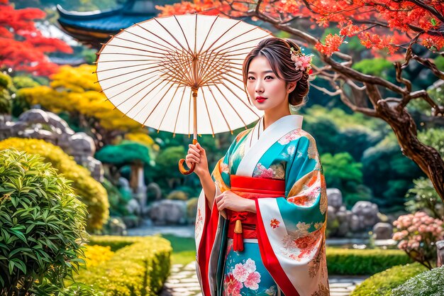 A highborn Asian woman in a festive kimono walks slowly through a blooming Japanese garden