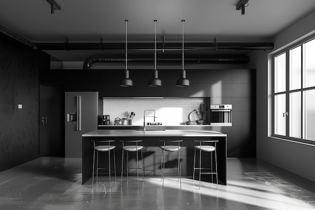 Highcontrast monochrome kitchen design octane rend