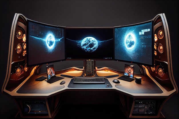 Highend gaming desk with powerful computer and multiple monitors for immersive experience
