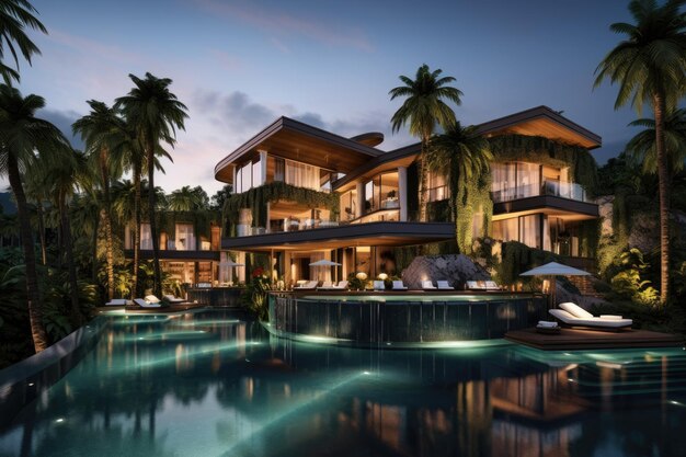 A highend hotel surrounded by tropical palm trees featuring a luxurious infinity pool