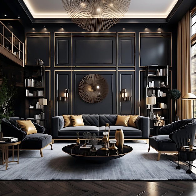 Photo highend living room luxury interior in black and gold color