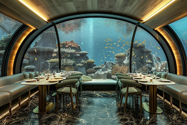 Highend underwater restaurant with panoramic views of coral reefs