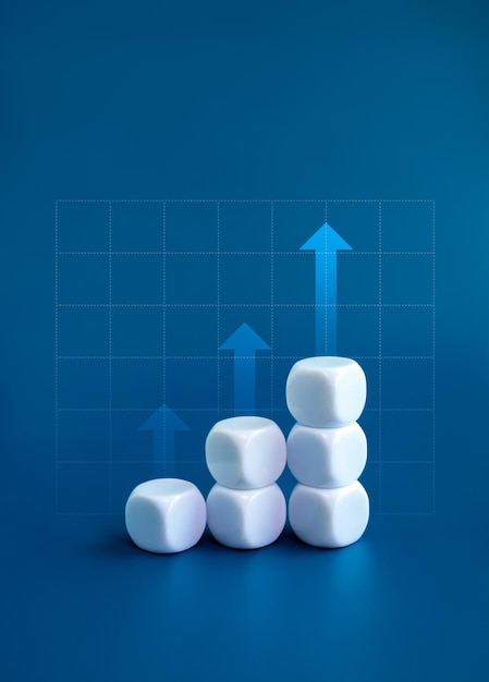 Higher arrows on white blocks business chart steps isolated on blue background with graph line table The business growth graph process goal success and economic improvement and analysis concepts