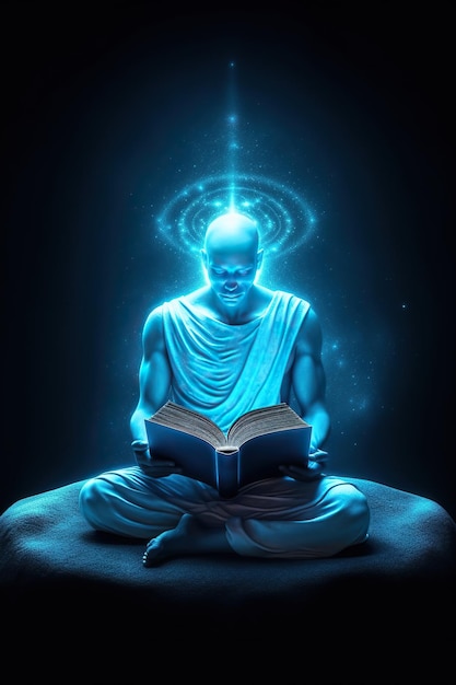 Higher self soul reading text on book which glow A man learns the truths of the universe