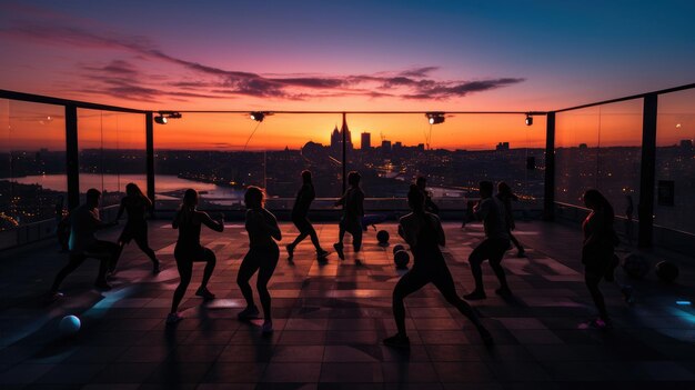 HighIntensity Interval Training at Sunset Urban Rooftop Colorful City Lights