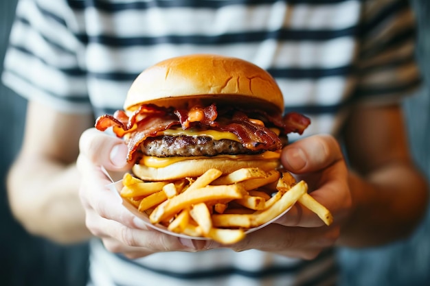 A highkey flash image of a man holding a bacon cheeseburger in his hands A stack of french fries i