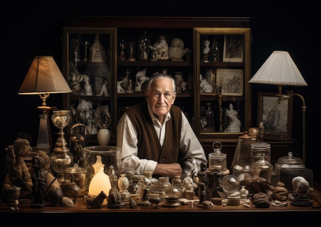 A highkey portrait of a collector surrounded by their prized possessions with a soft diffused