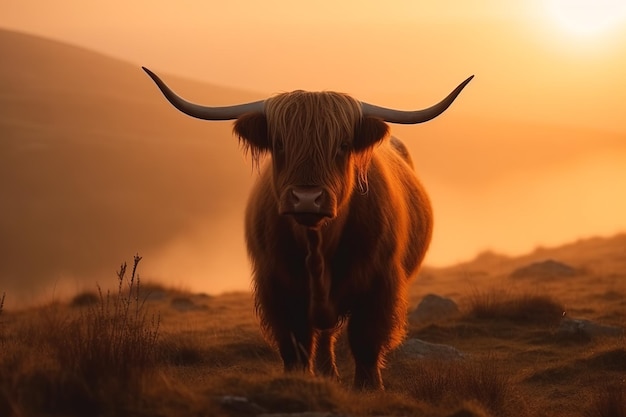 Highland cattle cow at foggy sunrise mountains Generative AI