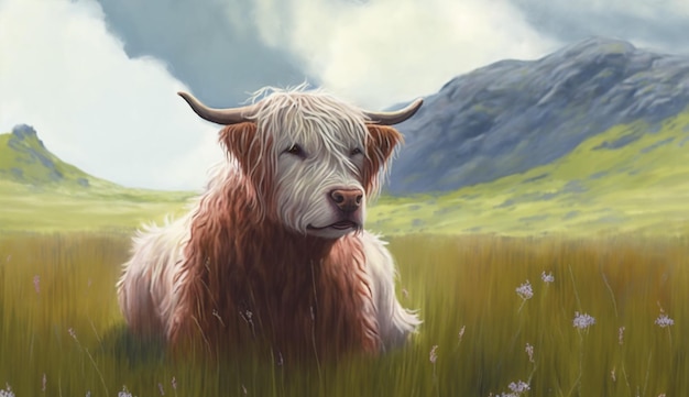 A highland cow in a field with mountains in the background