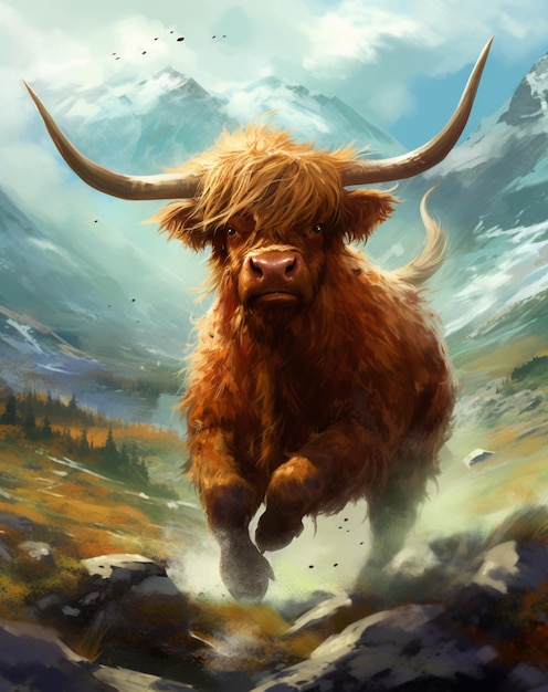 A highland cow is running across a mountain.