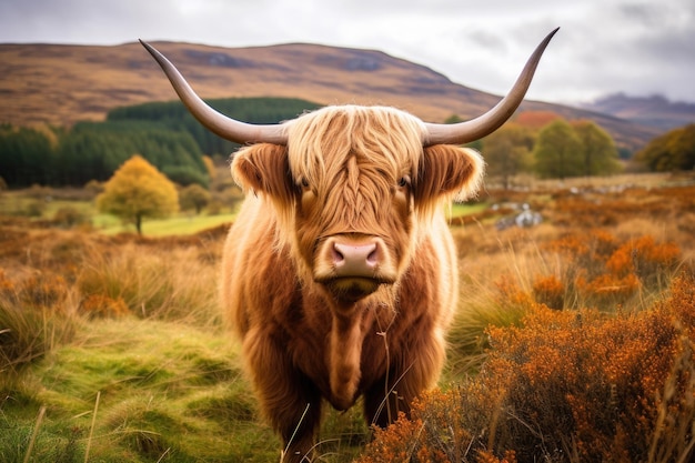 Горная корова Шотландии в зеленом поле