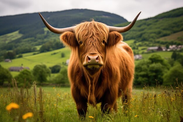 Горная корова Шотландии в зеленом поле