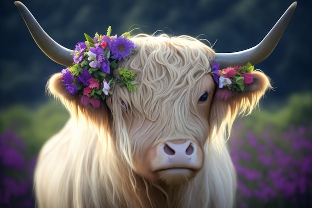 Highland cow with flowers in its hair generated ai