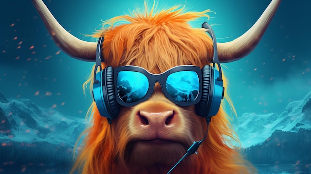 Highland cow or yak wearing blue headphones and sung