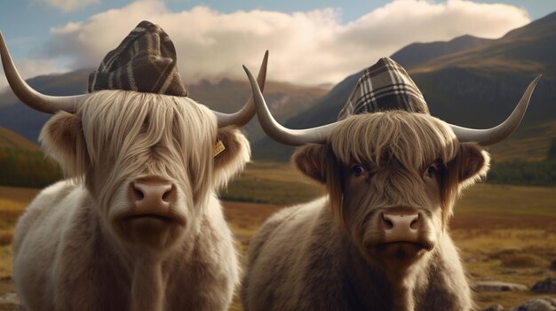 highland cows in hats cinematic AI generative