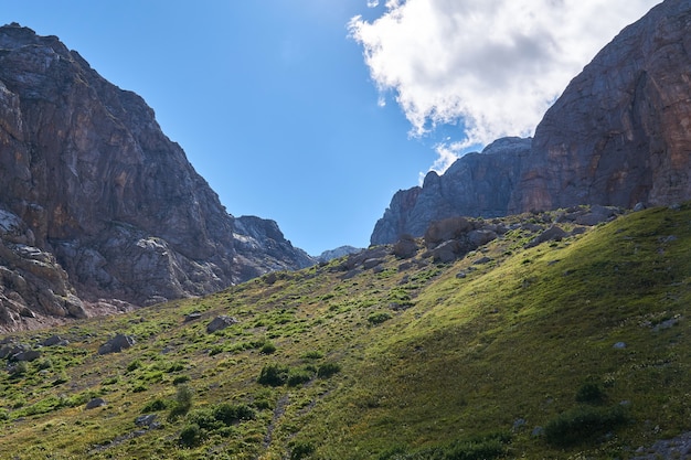 Highland glacial valley with sheer rocky walls, grassy bottoms and cloud shadows