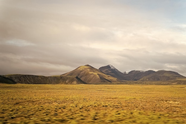 Хайленд в горах Исландии с зеленым мхом на облачном небе