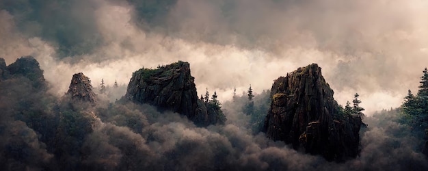 霧と神秘的な山頂のある高原の風景