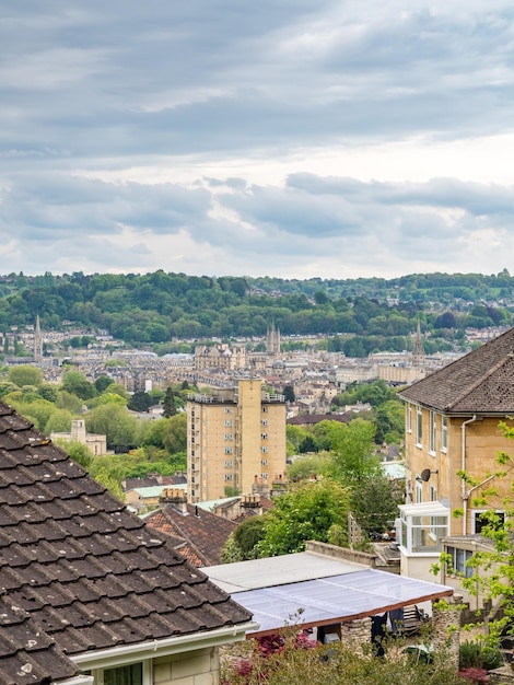 Highland view of Bath city in England under cloudy sky