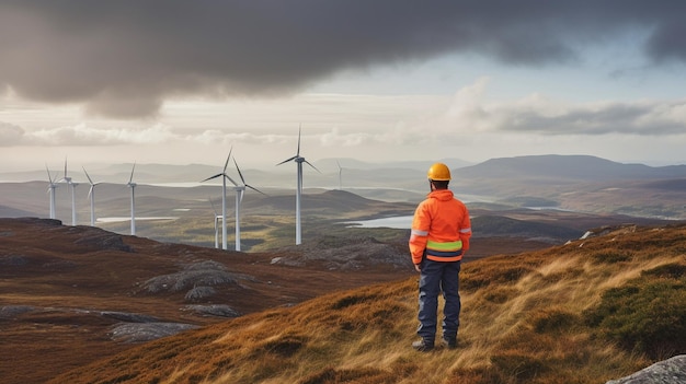 In the highlands a young maintenance engineer stands with his back to work on a wind turbine Generative AI