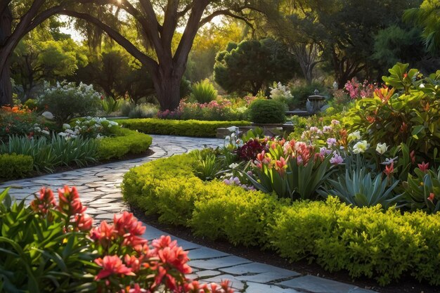 Highlight the beauty of a serene garden in full bloom