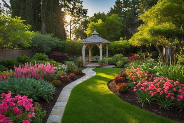 Highlight the beauty of a serene garden in full bloom