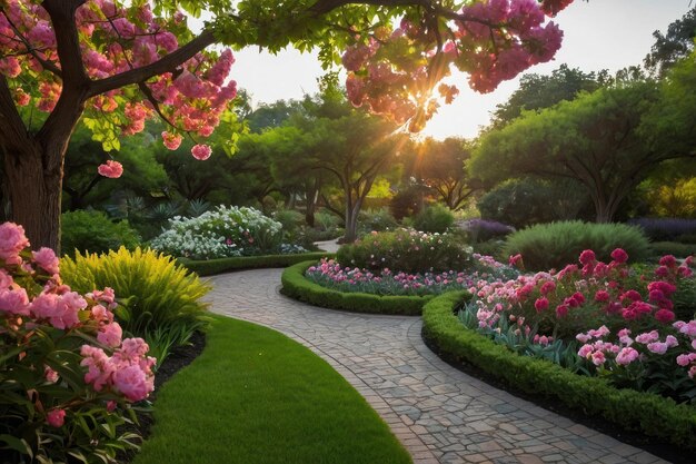 Highlight the beauty of a serene garden in full bloom