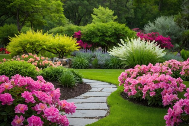 Highlight the beauty of a serene garden in full bloom