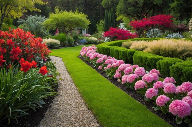 Highlight the beauty of a serene garden in full bloom