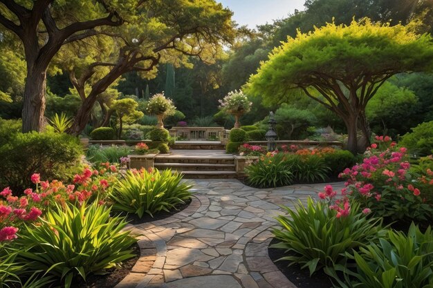 Highlight the beauty of a serene garden in full bloom