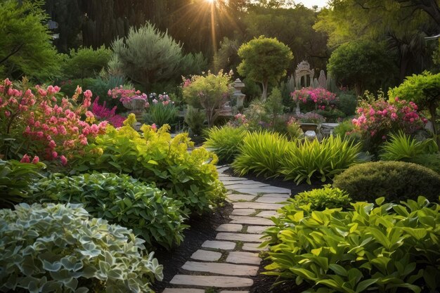 Highlight the beauty of a serene garden in full bloom