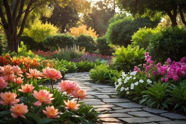 Foto evidenziare la bellezza di un giardino sereno in piena fioritura