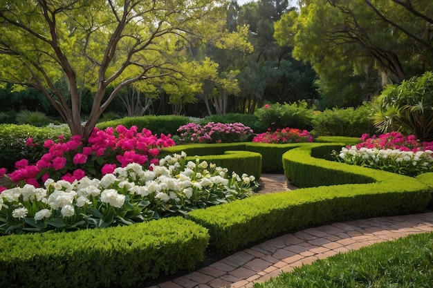 Highlight the beauty of a serene garden in full bloom