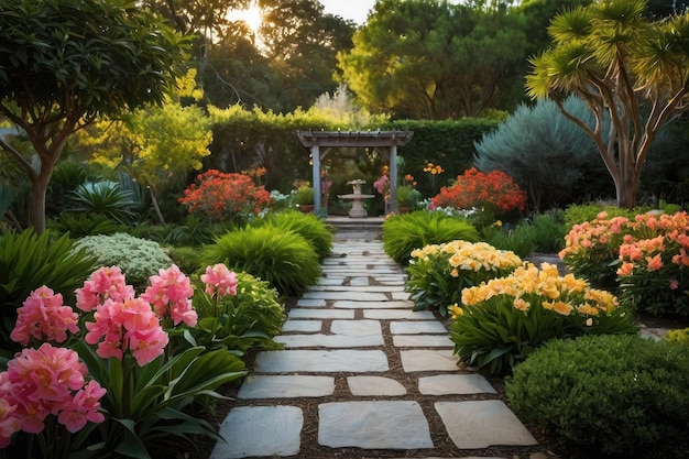 Highlight the beauty of a serene garden in full bloom