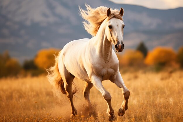 Highlight the movement of a galloping horse running freely across an open field