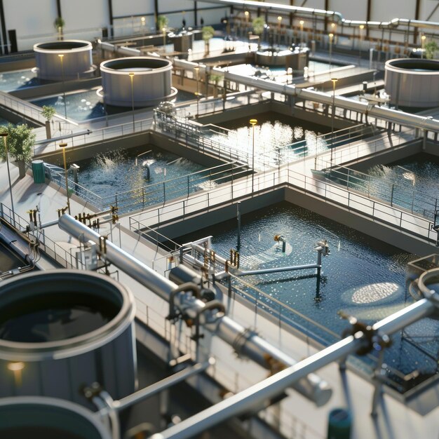 Highlight the precision and complexity of water treatment processes through an eyelevel perspective emphasizing the technology and equipment used in the facilities to purify water effectively