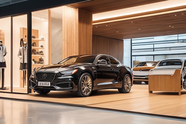 Highlight a series of luxury car accessories on the wooden board with a high end showroom in the background