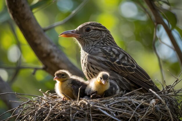 Highlight the tender moment a mother bird watches over her chicks