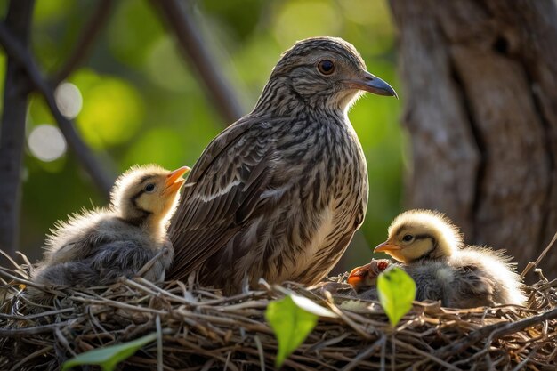 Highlight the tender moment a mother bird watches over her chicks