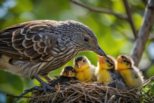 Highlight the tender moment a mother bird watches over her chicks