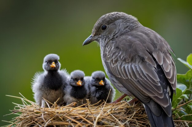 Highlight the tender moment a mother bird watches over her chicks