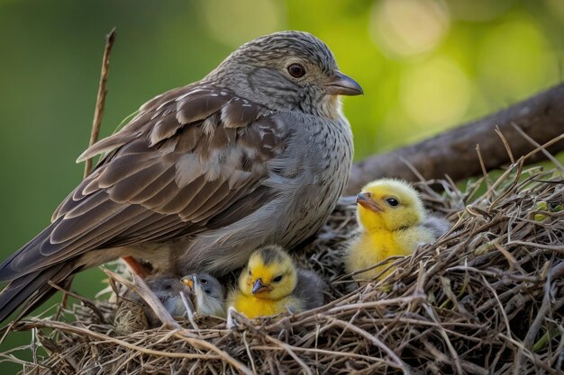 Highlight the tender moment a mother bird watches over her chicks