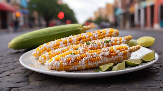 写真 メキシコのストリート・コーン (street corn) の美味しい魅力を強調するにはそれをきれいな白い皿に置く