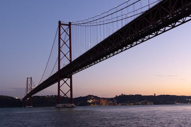 Highlighted april bridge over the tagus river at sunset