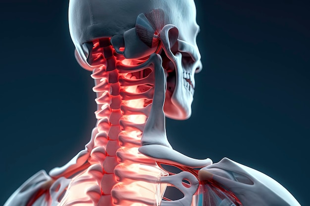 강조 표시된 상부 척추 및 목 통증 영역 아틀라스 및 경추 Generative AI